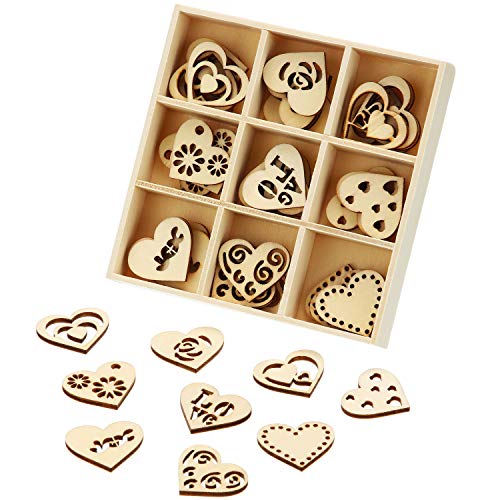 45 Pieces Wooden Ornaments Heart Wood Embellishments Crafts Set Hollow Design with Storage Tray, Mini Laser Cut Heart Shape for Valentine's Day and WILLBOND