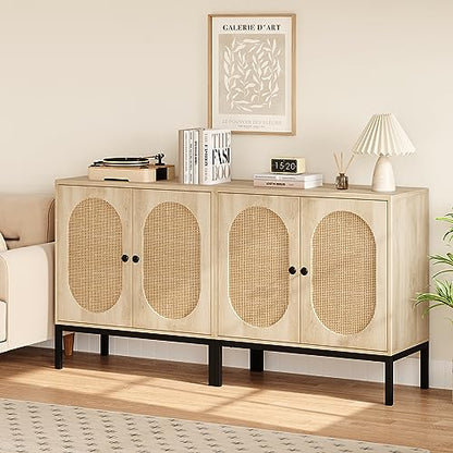 IDEALHOUSE Buffet Cabinet, Rattan Storage Cabinet with Doors and Shelves, Accent Cabinet Sideboard, Wood Console Cabinet with Storage Entryway