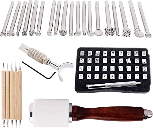 KLLsmDesign Leather Craft Working Suit Set Included Pattern Alphabet Digital Stamp Punch, Dotting Tools, Leather Swivel Knife, Hammer, Roller for - WoodArtSupply