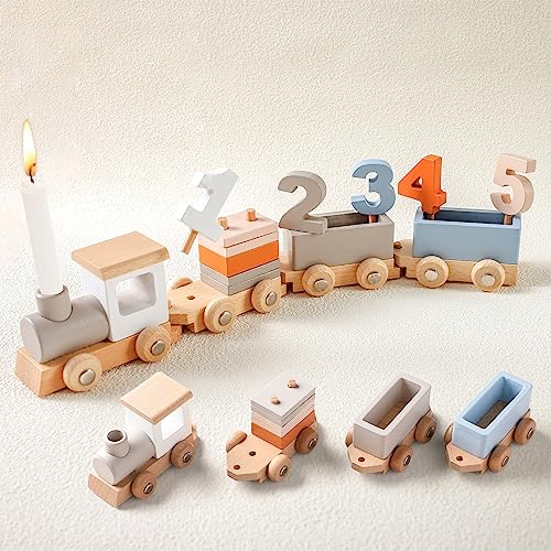 Samonyed Montessori Stacking Toys for Toddlers 1-5 Wooden Train Set for Babies Wood Train Toys Classic Wooden Cars with Numbers and Blocks for Boys Samonyed