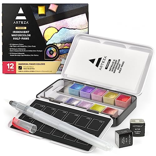 ARTEZA Iridescent Watercolor Paint Set, 12 Metallic Pearl Colors Half-Pans, Brush included, Reusable Glitter Paint, Non-Toxic, Art Supplies for ARTEZA