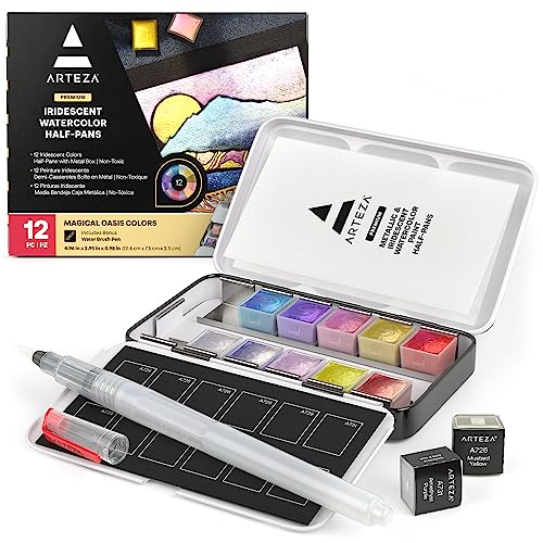 ARTEZA Iridescent Watercolor Paint Set, 12 Metallic Pearl Colors Half-Pans, Brush included, Reusable Glitter Paint, Non-Toxic, Art Supplies for
