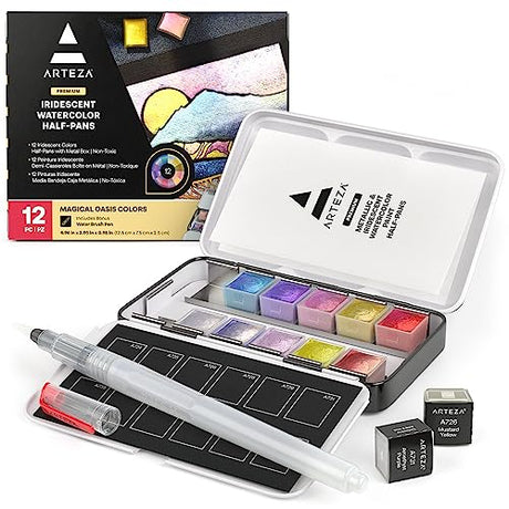 ARTEZA Iridescent Watercolor Paint Set, 12 Metallic Pearl Colors Half-Pans, Brush included, Reusable Glitter Paint, Non-Toxic, Art Supplies for ARTEZA