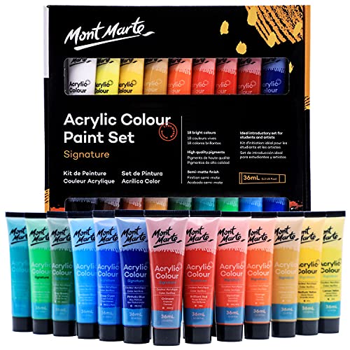 MONT MARTE Studio Acrylic Paint Set, 18 Piece, 36ml Tubes. Lightfast Colours with Great Coverage, Ideal for Canvas, Wood, Fabric, Leather, Cardboard, MONT MARTE