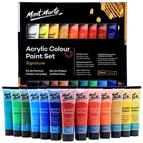 MONT MARTE Studio Acrylic Paint Set, 18 Piece, 36ml Tubes. Lightfast Colours with Great Coverage, Ideal for Canvas, Wood, Fabric, Leather, Cardboard, MONT MARTE