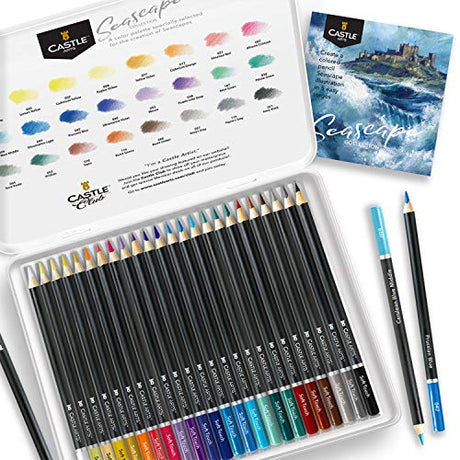 Castle Arts Themed 24 Colored Pencil Set in Tin Box, perfect colors for Seascapes. Featuring quality, smooth colored cores, superior blending & Castle Art Supplies