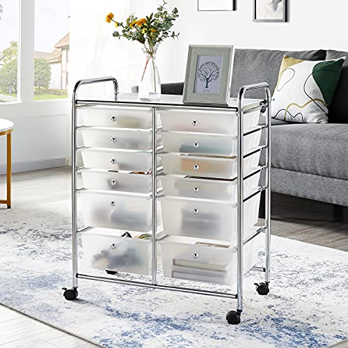 Yaheetech 12 Drawers Rolling Storage Cart Multipurpose Movable Organizer Cart Storage Bin Trolley Tools Scrapbook Paper Organizer on Wheels, White Yaheetech