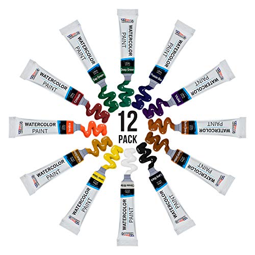 U.S. Art Supply 12ml Premium Vivid Watercolor Artist Aluminum Tube Paint Set (12-Colors) U.S. Art Supply