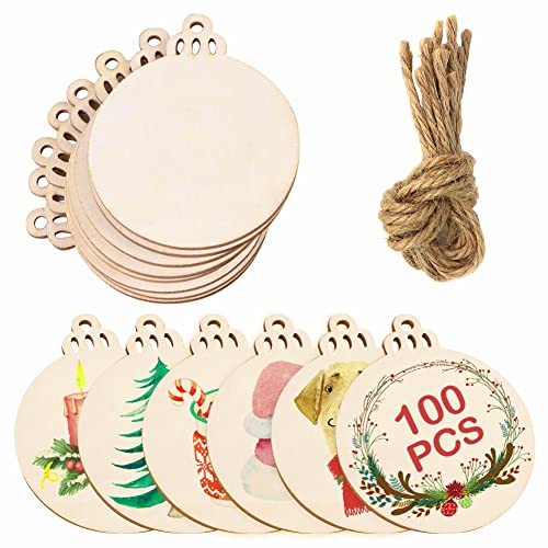 OurWarm 100pcs Natural Wood Slices 3.5inch, DIY Wooden Christmas Ornaments Unfinished Predrilled Wood Circles for Crafts Centerpieces Holiday Hanging OurWarm