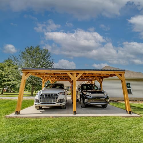 Backyard Discovery Kingsport 20 ft. x 20 ft. All Cedar Wooden Carport Gazebo with Hard Top Steel Roof Backyard Discovery