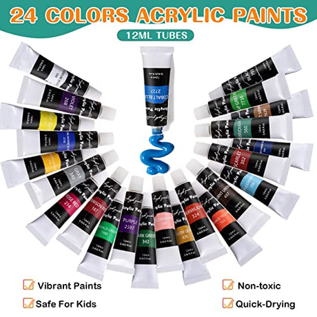 48 Piece Painting kit with 24 Acrylic Paints, 8 DIY Wooden Stencils 5 Canvas Panels 8 Brushes, Table Easel, Etc, Art Supplies Set for Kids Students koseibal