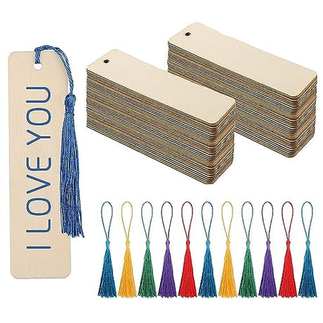 72PCS Wood Blank Bookmarks Set, 36PCS Unfinished Wood Blanks, 36PCS Color Tassels, Wood Sign for Crafts, Wood Book Marker Tags for DIY Craft Wedding NOTIONSLAND