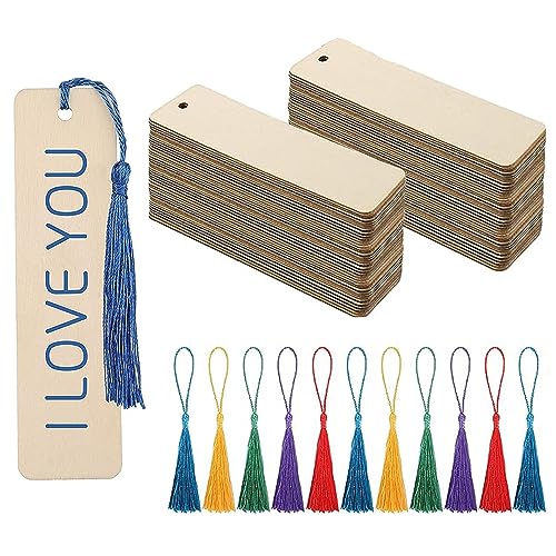 72PCS Wood Blank Bookmarks Set, 36PCS Unfinished Wood Blanks, 36PCS Color Tassels, Wood Sign for Crafts, Wood Book Marker Tags for DIY Craft Wedding - WoodArtSupply