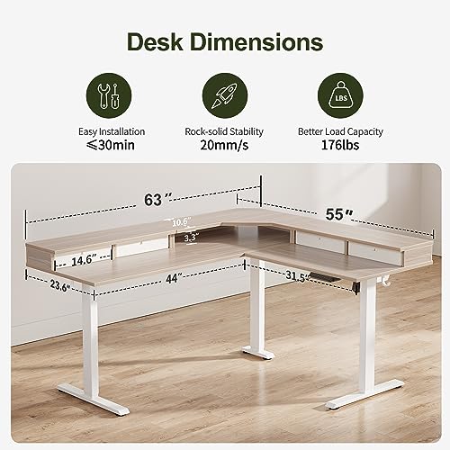 BANTI 63" L-Shaped Electric Standing Desk,Height Adjustable Stand up Desk with 3 Drawer,Corner Stand up Desk, Light Walnut Top BANTI