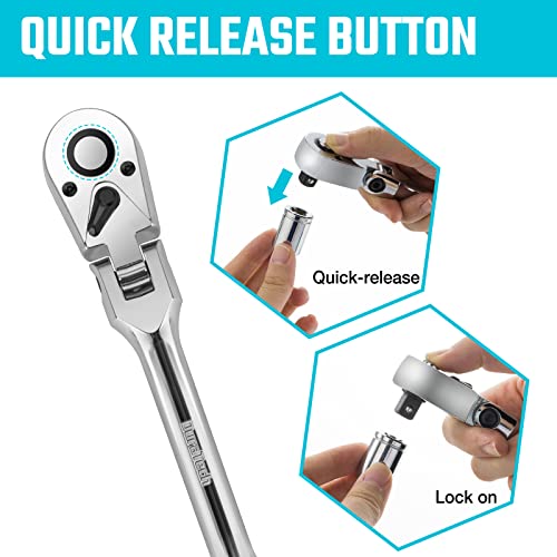 DURATECH 3/8" Drive Flex-Head Ratchet, 72-Tooth Ratchet Wrench, Quick-release, Reversible Switch, Full-Polished Chrome Plating, Alloy Steel DURATECH