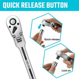 DURATECH 3/8" Drive Flex-Head Ratchet, 72-Tooth Ratchet Wrench, Quick-release, Reversible Switch, Full-Polished Chrome Plating, Alloy Steel DURATECH