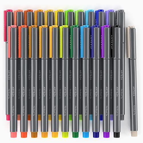 ARTEZA Felt Tip Pens, Set of 24 Basic Brush Tip Calligraphy Pens for Note Taking, Sketching, Cross-Hatching, and Outlining, Dye-Based Ink, Smear-Free ARTEZA