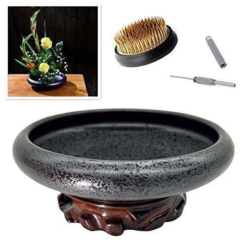 Japanese Ikebana Vase Kit, Ceramics Flower Pot Flower Shallow Container Flowerware with 2inch Flower Frog, 4inch Vase Base and Flower Arrangement - WoodArtSupply