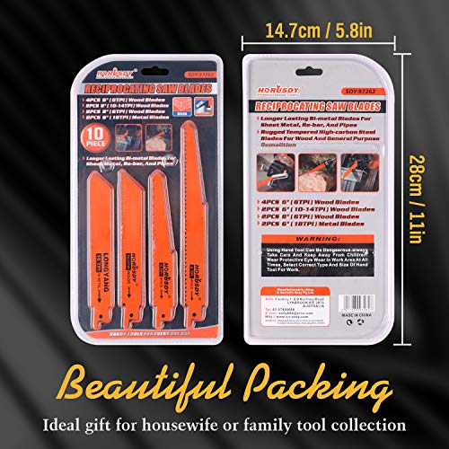 HORUSDY 10-Piece Reciprocating Saw Blades Set, Metal & Woodcutting Saw Blades, Sawzall Blades HORUSDY