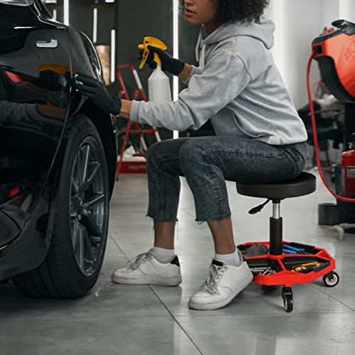 M-AUTO Pneumatic Mobile Rolling Garage Stool with Equipment Tray and All-Terrain Casters 300LBS Capacity Creeper, 16.5" to 22" Adjustable Height - WoodArtSupply