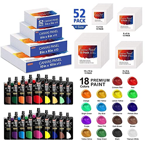 Shuttle Art Acrylic Painting Bundle, Set for 18 Colors Acrylic Paint Pouch (120ml/4oz) + 52 Multi Pack Painting Canvas Panels - WoodArtSupply