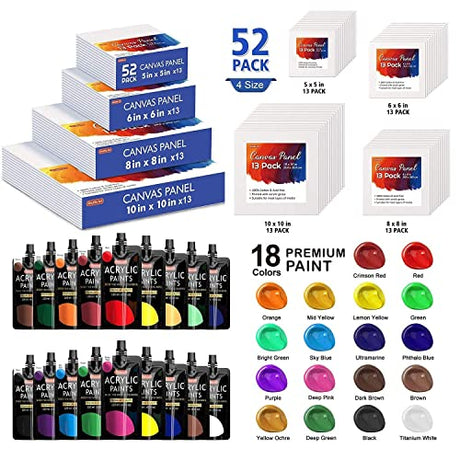Shuttle Art Acrylic Painting Bundle, Set for 18 Colors Acrylic Paint Pouch (120ml/4oz) + 52 Multi Pack Painting Canvas Panels Shuttle Art