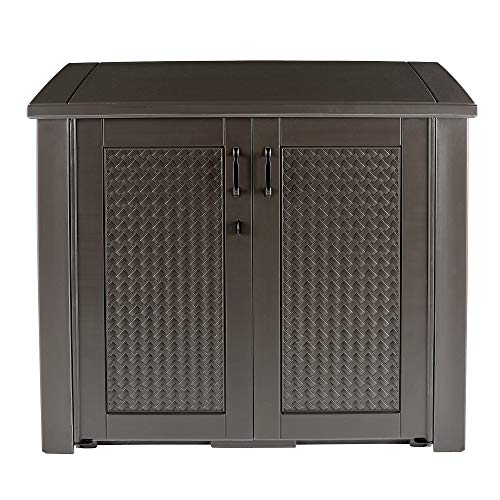 Rubbermaid Extra Large Decorative Patio Storage Cabinet, Weather Resistant, 123 Gal., Dark Teakwood, for Garden/Backyard/Home/Pool Rubbermaid