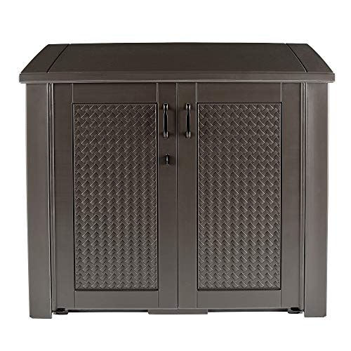 Rubbermaid Extra Large Decorative Patio Storage Cabinet, Weather Resistant, 123 Gal., Dark Teakwood, for Garden/Backyard/Home/Pool - WoodArtSupply