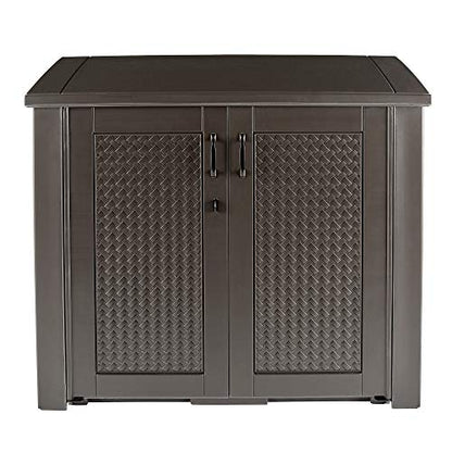 Rubbermaid Extra Large Decorative Patio Storage Cabinet, Weather Resistant, 123 Gal., Dark Teakwood, for Garden/Backyard/Home/Pool - WoodArtSupply