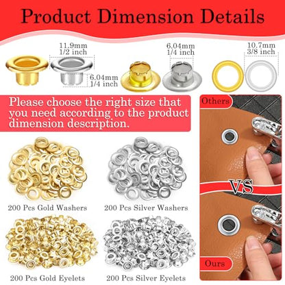 803Pcs Grommet Pliers Kit, 1/4 Inch 6mm Tool with 800 Metal Eyelets with Washers in Gold and Silver, Portable Grommet Hand Press kit for - WoodArtSupply