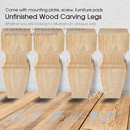 La Vane 6 inch / 15cm Wooden Furniture Legs, Set of 4 Carved Geometry Solid Wood Unfinished Replacement Bun Feet with Mounting Plate & Screws for