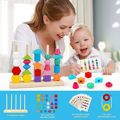 Montessori Toys for 2 3 4 Year Old Kid Boy Girl Toddler, Montessori Wooden Beads Sequencing Toy Set, Lacing Beads & Stacking Block & Matching Shape