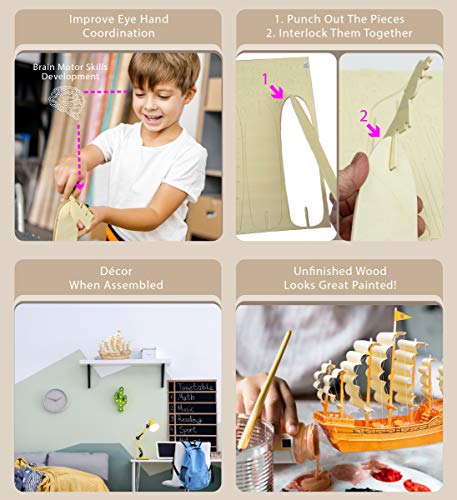 Puzzled 3D Puzzle Ancient Sailboat Wood Craft Construction Model Kit, Unique & Educational DIY Wooden Toy Assemble Model Unfinished Crafting Hobby Puzzled