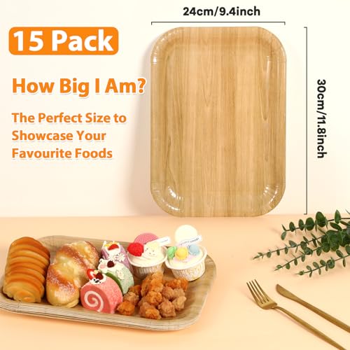 15 Wood Large Rectangle Trays Disposable Wooden Serving Trays Rustic Brown Heavy-Duty Paper Plates for Picnic BBQ Birthday Parties Barbecue Weddings - WoodArtSupply