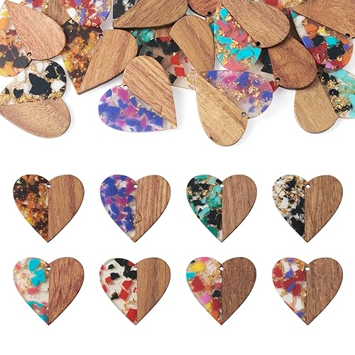 Craftdady 16Pcs Resin Wood Heart Charms with Gold Foil 8 Colors Walnut Wooden Pendants Earring Blank Charms for Women Boho Earrings Crafts DIY Craftdady