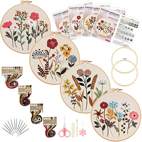 Picoey Flower Embroidery Kit for Beginners with Pattern and Instructions,4 Pack Cross Stitch Kits,2 Wooden Embroidery Hoops,Threads and Picoey