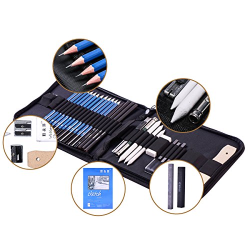 H & B Drawing Pencils Set, 33 Pieces Sketch Pencils & Drawing Kit, Includes Sketch Pad, Graphite Pencils, Charcoal Sticks and Eraser, Supplies for H & B