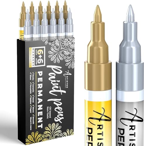 Gold & Silver Metallic Paint Pens for Rock Painting, Stone, Ceramic, Glass, Wood, Metal, Fabric, Canvas. Set of 6 Gold Permanent Oil Based Paint ARTISTRO