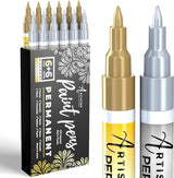Gold & Silver Metallic Paint Pens for Rock Painting, Stone, Ceramic, Glass, Wood, Metal, Fabric, Canvas. Set of 6 Gold Permanent Oil Based Paint ARTISTRO