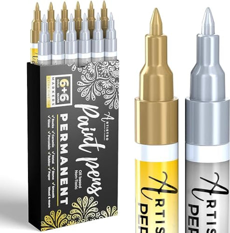 Gold & Silver Metallic Paint Pens for Rock Painting, Stone, Ceramic, Glass, Wood, Metal, Fabric, Canvas. Set of 6 Gold Permanent Oil Based Paint ARTISTRO