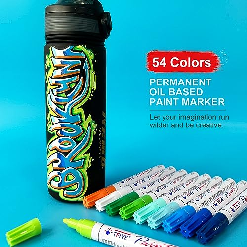 TFIVE Paint Markers Pens - 54 Colors Medium Tip Paint Markers, Permanent, Waterproof & Quick Dry, Paint Pen for Metal, Wood, Fabric, Plastic, Rock - WoodArtSupply