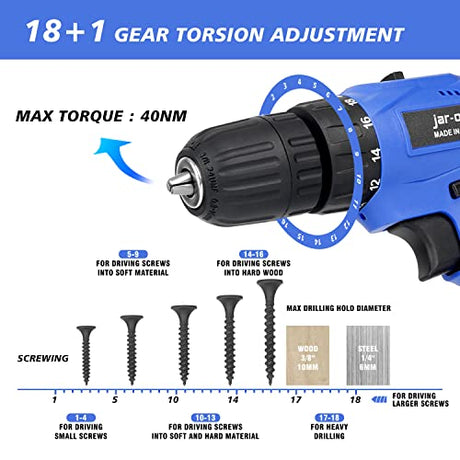 Jar-Owl 21V Cordless Drill, 350 in-lb Torque, 0-1350RMP Variable Speed, 10MM 3/8'' Keyless Chuck, 18+1 Clutch, 1.5Ah Li-Ion Battery & Charger for jar-owl