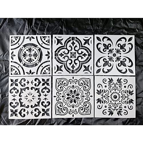 HELLATHUND 6pcs Reusable Tile Stencils 8x8 Inch, Mandala Stencils Painting, Stencils for Painting Floors, Wall Stencils for Painting HELLATHUND