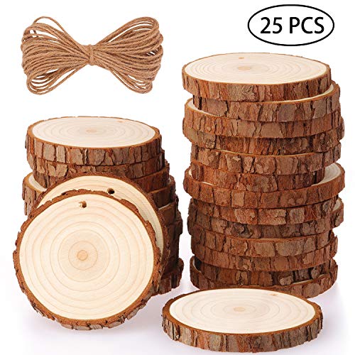 Fuyit Natural Wood Slices 25 Pcs 3.1-3.5 Inches Craft Wood Kit Unfinished Predrilled with Hole Wooden Circles Tree Slices for Arts and Crafts - WoodArtSupply