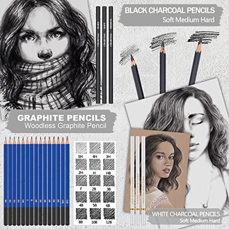 PANDAFLY 80 Pack Drawing Set Sketching Kit, Pro Art Supplies with 3-Color Sketchbook, Watercolor Pad, Colored, Graphite, Charcoal, Metallic Pencil, PANDAFLY