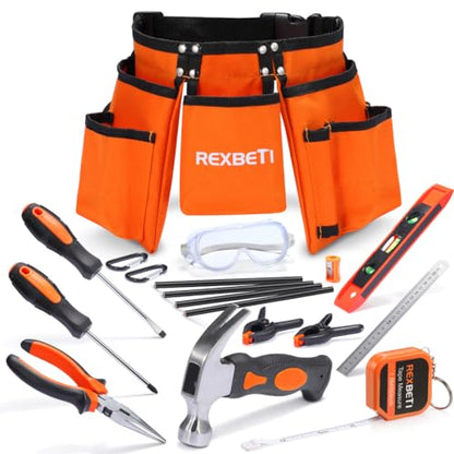 REXBETI 18pcs Young Builder's Tool Set with Real Hand Tools, Reinforced Kids Tool Belt, Waist 20"-32", Kids Learning Tool Kit for Home DIY and