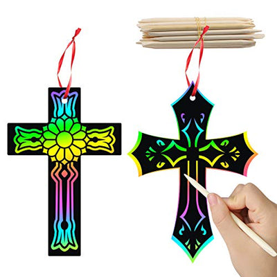 WATINC 60Pcs Scratch Cross Ornaments, Magic Art Party Favors Rainbow Color DIY Craft Kit for Kids, Scratch Paper Hanging Tags, Birthday Gifts for
