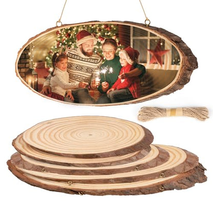 Natural Wood Slices-5 Pcs 9.8-13.7 inch Large Craft Unfinished Wood Kit, Round Wood Discs with Tree Bark Wood Slices Centerpieces for Christmas