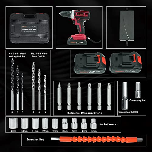 BeHappy Cordless Drill Set, 21V Power Drill Kit, Electric Power Drill Set with 2 Batteries and Charger, 25+3 Torque Setting, 2 Speed, 315 In-lb, LED, BeHappy