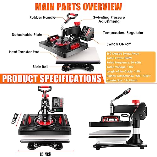 Pro Heat Press, 5 in 1 Heat Press Machine for T Shirts, 15 x 12 Inch Shirt Press Machine, 360-Degree Swing Away Heat Transfer Sublimation Shirt